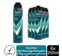 Sure Men Nonstop Protection Sensitive Anti-Perspirant Aerosol Men's Deodorant Spray with Body Heat Activated technology and a clean fragrance for 72 hour odour and sweat protection 6x 250 ml