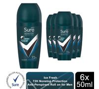 Sure Men Anti-Perspirant Roll On 72H Nonstop Protection Ice Fresh 50ml, 6 Pack