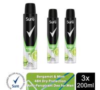 Sure Men Deodorant Spray Bergamot & Mint with 48Hrs Protection 200ml, 3 Pack