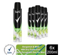 Sure Men Deodorant Spray Bergamot & Mint with 48Hrs Protection 200ml, 6 Pack