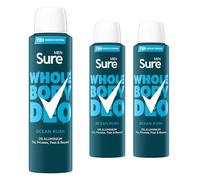 Sure Men Deodorant Spray Ocean Rush, Pack of 3, Whole Body Deodorant for Men Aluminium Free Deo Spray with Herbal and Woody Scent Provides 72-Hour Odour Control, 150 ml