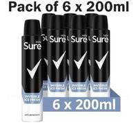 Sure Men Invisible Ice Fresh Anti Perspirant Aerosol Spray Deodorant Pack6x200ml
