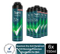 Sure Men Nonstop Protection Quantum Dry Anti-Perspirant Aerosol Men's Deodorant Spray with Body Heat Activated technology and a citrusy & woody scent for 72 hour odour and sweat protection 6x 150 ml