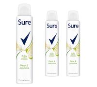 Sure Nonstop Protection Anti Perspirant Deodorant Spray Pear & Jasmine, Pack of 3, Alcohol-Free Deodorant for Women 48-Hour Odour and Sweat Protection with Fruity and Floral scent, 200ml