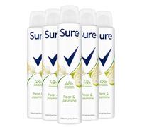 Sure Nonstop Protection Anti Perspirant Deodorant Spray Pear & Jasmine, Pack of 5, Alcohol-Free Deodorant for Women 48-Hour Odour and Sweat Protection with Fruity and Floral scent, 200ml