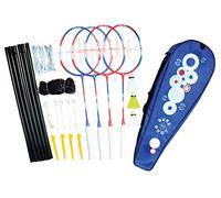 Sure Shot London 4 Player Badminton Racket Set with 4 x Adult Rackets and 3 Shuttles Including Portable Net and Post and Carry Bag, Red/Blue/White, One Size, 26.35cm