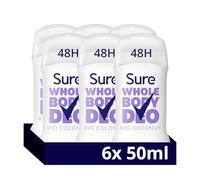Sure Whole Body Deodorant Stick Rio Coconut 50ml, 6 Pack - 48H Odour Control, Fresh Tropical Coconut Scent, All-Over Daily Protection, Gentle Formula for Whole Body Use
