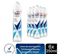 Sure Women Nonstop Protection Cotton Dry Deodorant Body Spray Antiperspirant with body heat activated technology for 72 hour odour and sweat protection 250 ml, Pack of 6