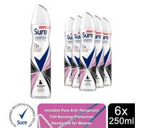 Sure Nonstop Protection Invisible Pure Anti-Perspirant Aerosol Women's Deodorant Spray with Body Heat Activated technology and white mark protection for 72 hour odour and sweat protection 6x 250 ml
