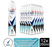Sure Women Antiperspirant Deodorant Invisible Aqua 72H Protection 250ml, 12Pack