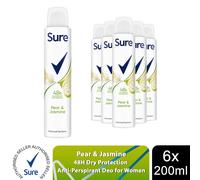 Sure Women Deodorant Spray Pear & Jasmine with 48Hrs Protection 200ml, 6 Pack