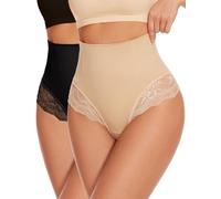 SURE YOU LIKE Mid Waisted Tummy Control Thong Shapewear For Women Shaping Underwear Lace String, Beige+Black, XXL