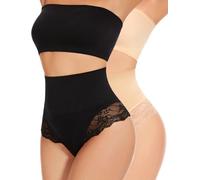 SURE YOU LIKE Mid Waisted Tummy Control Thong Shapewear For Women Shaping Underwear Lace String, Beige+Black, XL