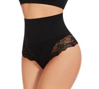SURE YOU LIKE Mid Waisted Tummy Control Thong Shapewear For Women Shaping Underwear Lace String, Black, XXL