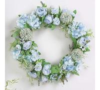 SUREH 15.7inch Artificial Light Blue Hydrangea and Peony Floral Spring Wreath Silk Peony Wreath with Green Leaves Welcome Front Door Wreath for Wedding Wall Home Decor