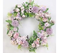 SUREH 15.7inch Artificial Purple Hydrangea and Peony Floral Spring Wreath Silk Peony Wreath with Green Leaves Welcome Front Door Wreath for Wedding Wall Home Decor