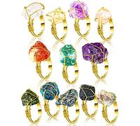 Sureio 12 Pieces Chakra Crystal Ring Healing Crystal Adjustable Gemstone Irregular Stone Ring for Women Girls Colorful Gemstone Copper Wire Wrap Rings for Women Gold Ring, High Quality Metal, Crystal