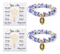 Sureio 12 Sets Mother's Day Bulk Gifts for Church Women, Christian Prayer Bracelets Bulk, Blue Ceramic Bead Bracelets, Thank You Cards & Opp Bags for First Communion, 2.4 in/ 6 cm, ceramic beads