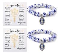 Sureio 12 Sets Mother's Day Bulk Gifts for Church Women, Christian Prayer Bracelets Bulk, Blue Ceramic Bead Bracelets, Thank You Cards & Opp Bags for First Communion, 2.4 in/ 6 cm, ceramic beads