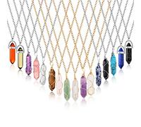 Sureio 16 Pcs Healing Crystal Stone Necklaces Hexagonal Gemstone Pendant Necklace Full Wire Wrap Crystal Necklace Spiritual Jewelry Amethyst with Silver Gold Chains for Women