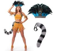 Sureio 2 Pcs Lemur Ears and Tail Set Halloween Animal Cosplay Accessories with Feather Headband Striped Fluffy Tail Costume for Adult Halloween Dress up