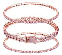 Sureio 3 Pcs Anklets Bracelet for Women Adjustable Diamond Tennis Cuban Style Link Anklets for Women Wedding Fashion Gifts, 9", Copper Rhinestone, copper, zircon, alloy, rhinestones