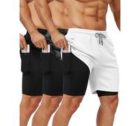 Sureio 3 Pcs Men's 2 in 1 Gym Workout Running Shorts 7 Inch Quick Dry Lightweight Athletic Short with Liner Pocket Towel Loop, Black, Camouflage, White, Medium