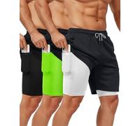 Sureio 3 Pcs Men's 2 in 1 Gym Workout Running Shorts 7 Inch Quick Dry Lightweight Athletic Short with Liner Pocket Towel Loop, Black, Fluorescent, Black Gray, Medium