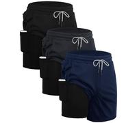 Sureio 3 Pcs Men's 2 in 1 Running Shorts 7 Inch Quick Dry Athletic Workout Shorts with Liner Phone Pockets Towel Loop, Black, Navy Blue, Dark Gray, XX-Large
