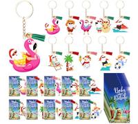 Sureio 30 Set Summer Christmas Party Decorations Acrylic Keychain with Tassel Gift Cards Summer Santa Hawaiian Xmas Beach Tropical Christmas Party Supplies