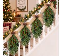 Sureio 4 Pcs 20 in Christmas Teardrop Swag for Front Door Rusty Bell, Brown | Christmas Swag for Decorating, Bows, Berries, Rustic Bells, Farmhouse Door Wreath Artificial Greenery for Xmas Stair Mantel
