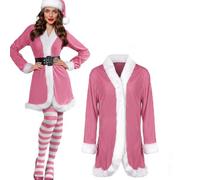 Sureio 4 Pcs Mrs Santa Claus Costume Women Christmas Dress Suit Cosplay Velvet Outfit with Belt Hat Striped Tights Elf Ears (Pink, White)