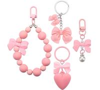 Sureio 4 Pcs Pink Bow Keychain Purse Charm Pearl Bow Preppy Beaded Keychain Wristlet Bag Charms Cute Coquette Party Favors for Women Girl Bag Phones Keys