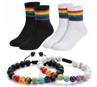 Sureio 4 Pcs Pride Bracelet with Rainbow Stripe Ankle Socks Handmade Adjustable Lava Rock Chakra Bracelet Novelty Cotton LGBT Striped Socks LGBTQ Lesbian Gay Friendship Gifts for Women Men