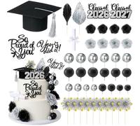 Sureio 48 Pcs Graduation Cake Toppers Class of 2026 Congrats Grad Cake Decor Graduation Cap Diploma Artificial Flower Card Ball Palm Leaves Firework Stick Kit for Theme Party Supplies(Black, Silver)