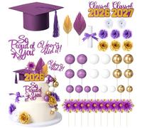Sureio 48 Pcs Graduation Cake Toppers Class of 2026 Congrats Grad Cake Decor Graduation Cap Diploma Artificial Flower Card Ball Palm Leaves Firework Stick Kit for Theme Party Supplies(Purple, Gold)