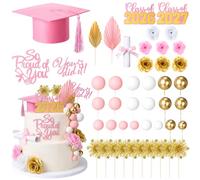 Sureio 48 Pcs Graduation Cake Toppers Class of 2026 Congrats Grad Cake Decor Graduation Cap Diploma Artificial Flower Card Ball Palm Leaves Firework Stick Kit for Theme Party Supplies(Pink, Gold)