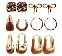 Sureio 6 Pairs Checkered Hoop Earrings Set Black White Plaid Earrings Gold Filled Enamel Dangle Drop White Black Enamel Hooped Gifts, different sizes, tortoiseshell, acrylic, resin, alloy