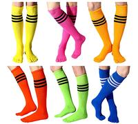 Sureio 6 Pairs Neon Knee High Toe Socks Women Neon Winter Knee High Separated Toe Striped Athletic Skate Sock Sport Gift, Bright Color, One size