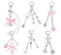 Sureio 6 Pcs Aesthetic Y2K Keychains Cute Keychain Bow Star Bear Heart Strawberry Keychain with Tether Tag for Backpacks Keys Bags Purse, 6 Styles, Pink, White, One Size