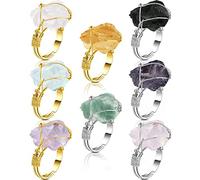 Sureio 8 Pieces Chakra Crystal Ring Healing Crystal Ring Adjustable Gemstone Rings Copper Wire Wrapped Irregular Colorful Gem Rings for Women(Silver and Gold Ring)