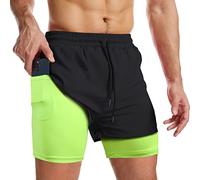 Surenow Mens 2 in 1 Running Shorts Quick Dry Athletic Shorts with Liner, Workout Shorts with Zip Pockets and Towel Loop, Black/Light Green, XX-Large