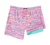 SURF CUZ Mens Swim Trunks with Compression Liner 2 in 1 Swimming Trunks Quick Dry Swim Shorts Bathing Suit Zipper Pockets, Pink Swimming Shark, L