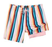 SURF CUZ Mens Swim Trunks with Compression Liner Quick Dry Swim Shorts 7" Swimming Trunks Stretch Zipper Pockets, Beige Vintage Stripes, L