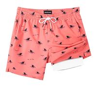 SURF Cuz Mens Swim Trunks with Compression Liner Quick Dry Swim Shorts 7" Swimming Trunks Stretch Zipper Pockets, Pink Hidden Sharks, L