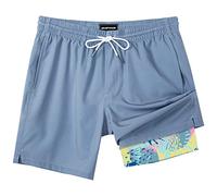 SURF Cuz Mens Swim Trunks with Compression Liner Quick Dry Swim Shorts 7" Swimming Trunks Stretch Zipper Pockets, Haze Blue, L