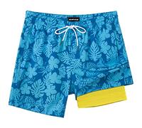 SURF CUZ Mens Swim Trunks with Compression Liner Quick Dry Swim Shorts 7" Swimming Trunks Stretch Zipper Pockets, Blue Flower Leaves, L
