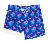 SURF CUZ Mens Swim Trunks with Compression Liner Swimming Trunks 5 Inch Bathing Suit Quick Dry Swim Shorts, Navy Flamingo, L