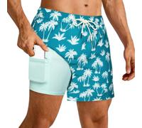 SURF CUZ Mens Swim Trunks with Compression Liner Swimming Trunks 5 Inch Bathing Suit Quick Dry Swim Shorts, 03 Turquoise Palm Tree, M