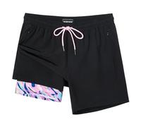 SURF CUZ Mens Swim Trunks with Compression Liner Swimming Trunks 5 Inch Bathing Suit Quick Dry Swim Shorts, Black Pink Camo, L